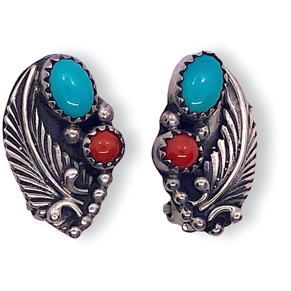 Navajo Sterling Silver with Turquoise and Coral Earrings by RB Designs